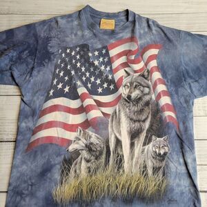 The Mountain American USA Flag Wolves‎ T-Shirt 2001 Vintage Tie Dye Mens Large